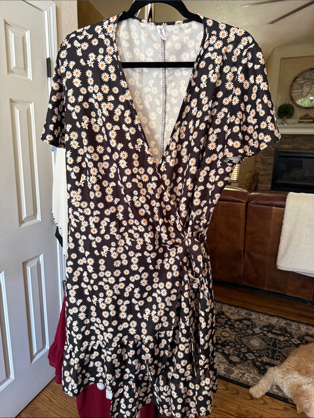 Black Daisy-Print Wrap Mini Dress
